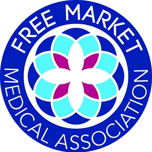 Logo for Free Market Medical Association showing text in a circle surrounding a geometric flower pattern.
